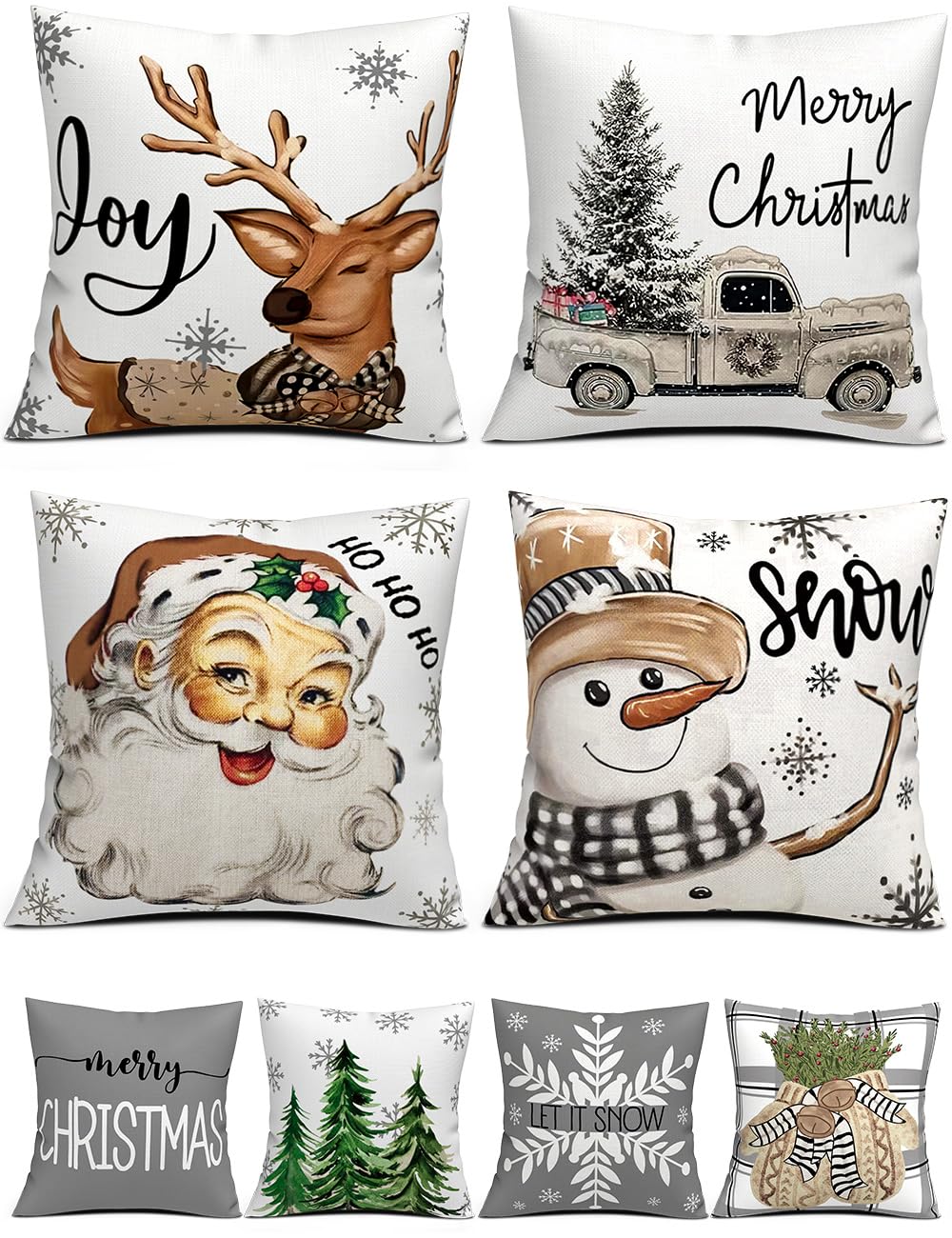 multiwins Juego de 4 fundas de almohada navideñas con estampado de doble cara de 16 x 16 pulgadas, con 8 bonitos patrones de decoración navideña, fundas de almohada perfectas para Navidad y decoración