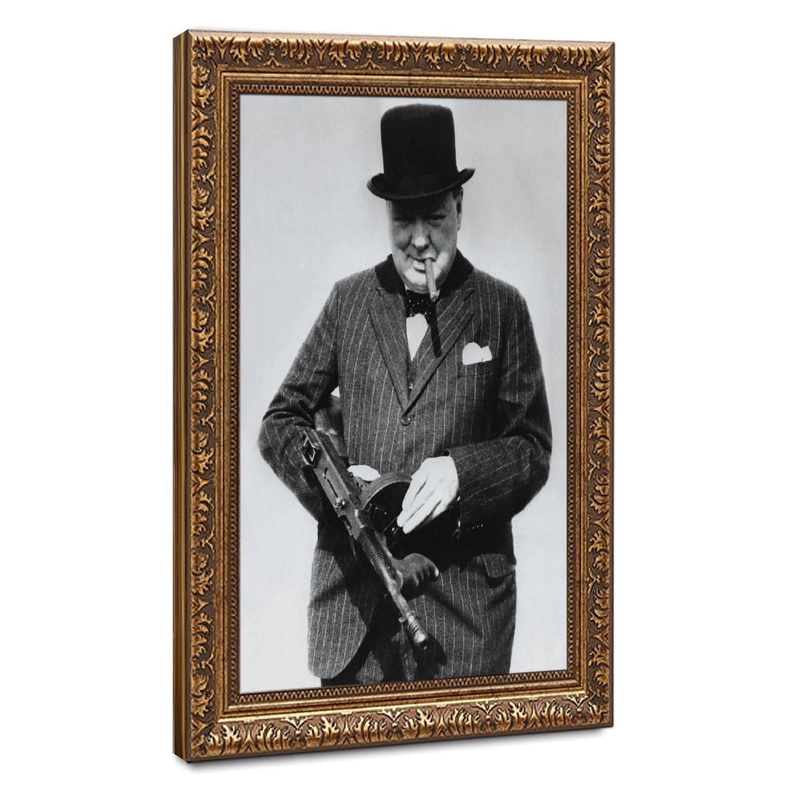 WCYB Winston Churchill With Tommy Gun Posters Prints Canvas Deco Paintings Wall Art Hangable Frame 16" L X 24" W