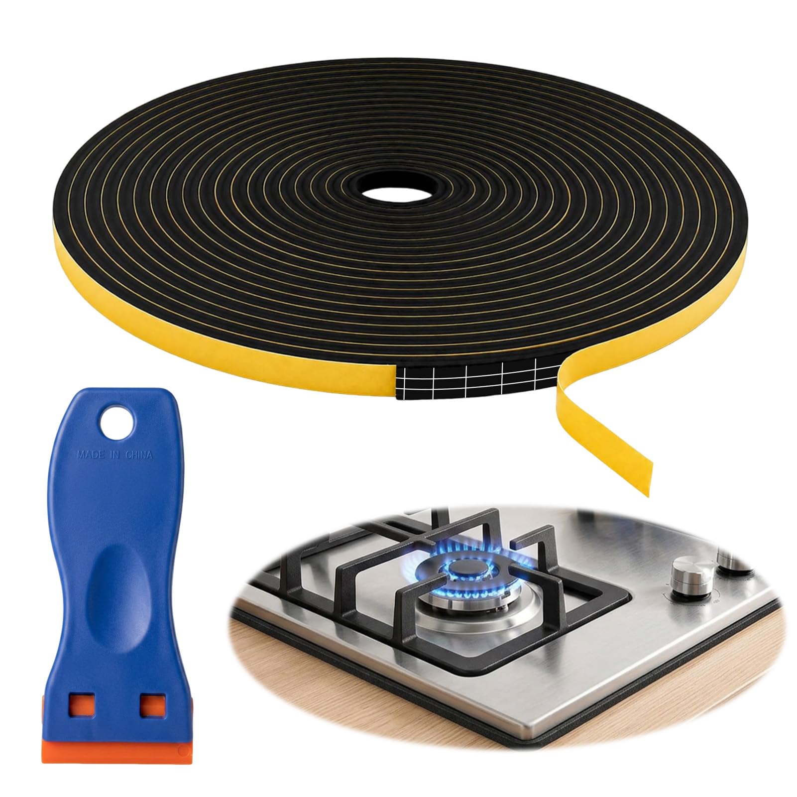 Self-Adhesive Foam Sealant Strip, 5m Hob Sealing Tape with Scraper, 6mm x 3mm High-Temperature Resistant Rubber Waterproof Adhesive Strip for Induction Cooktop Ceramic Hob Kitchen Sink