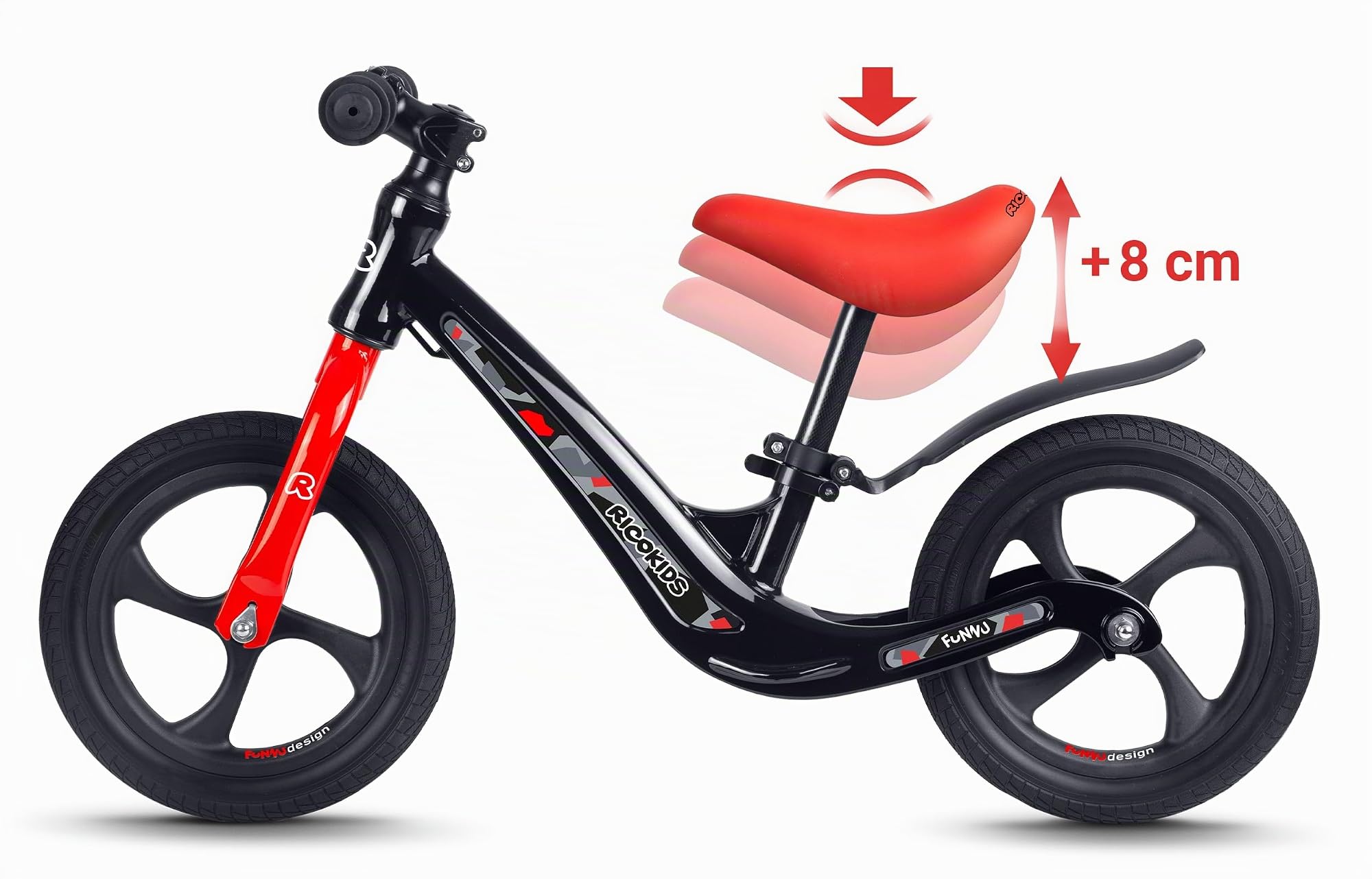 Ricokids Draisienne pour Enfant - Selle réglable en Hauteur - Roues en polyuréthane Anti-crevaison 12" - Noir