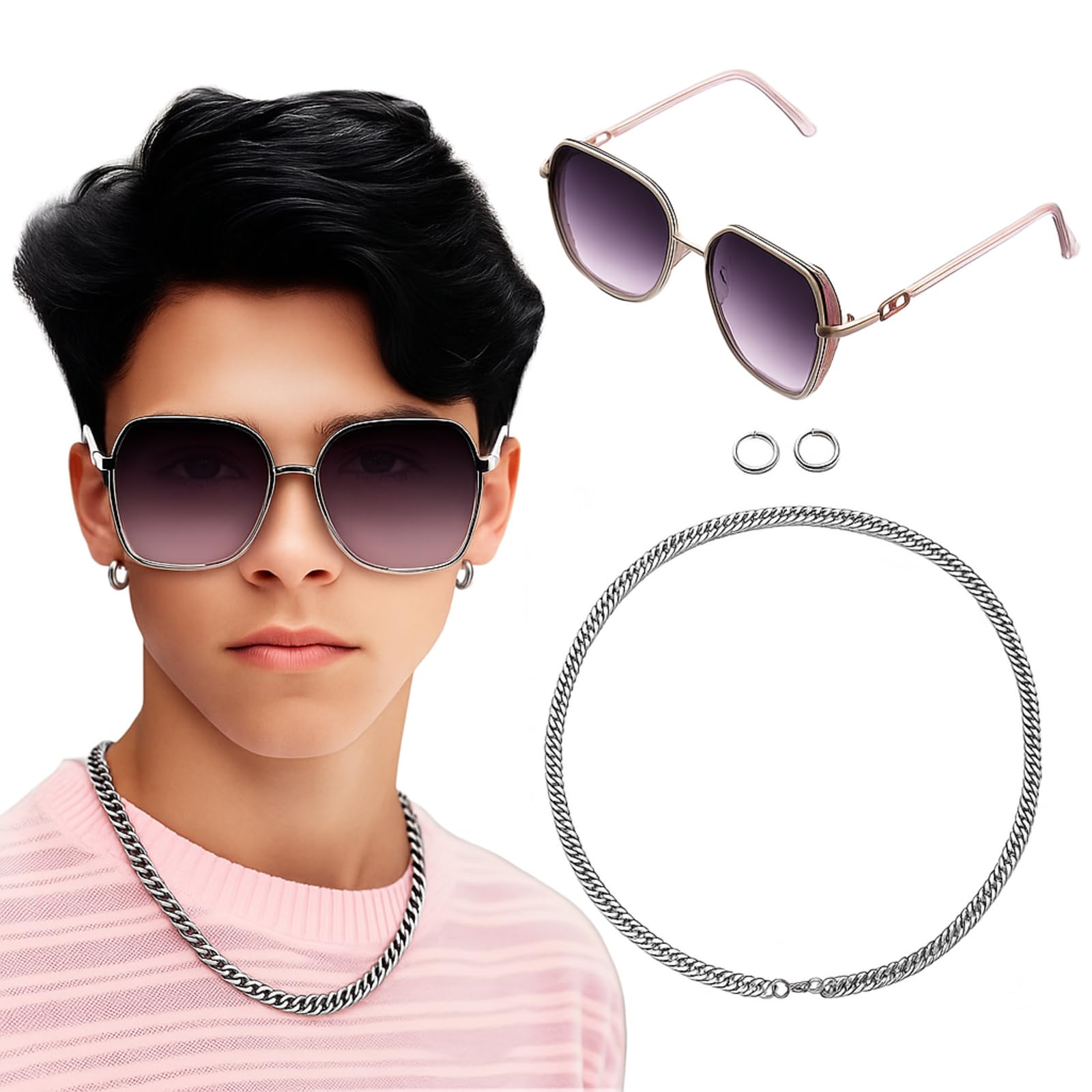 Photo 1 of Mepase 3 Pcs K-pop Theme Costume Accessories Include Unisex Cosplay Glasses Hip Hop Necklace Earrings Gradient Glasses Accessories for Men Women Role Play Halloween Costume Party