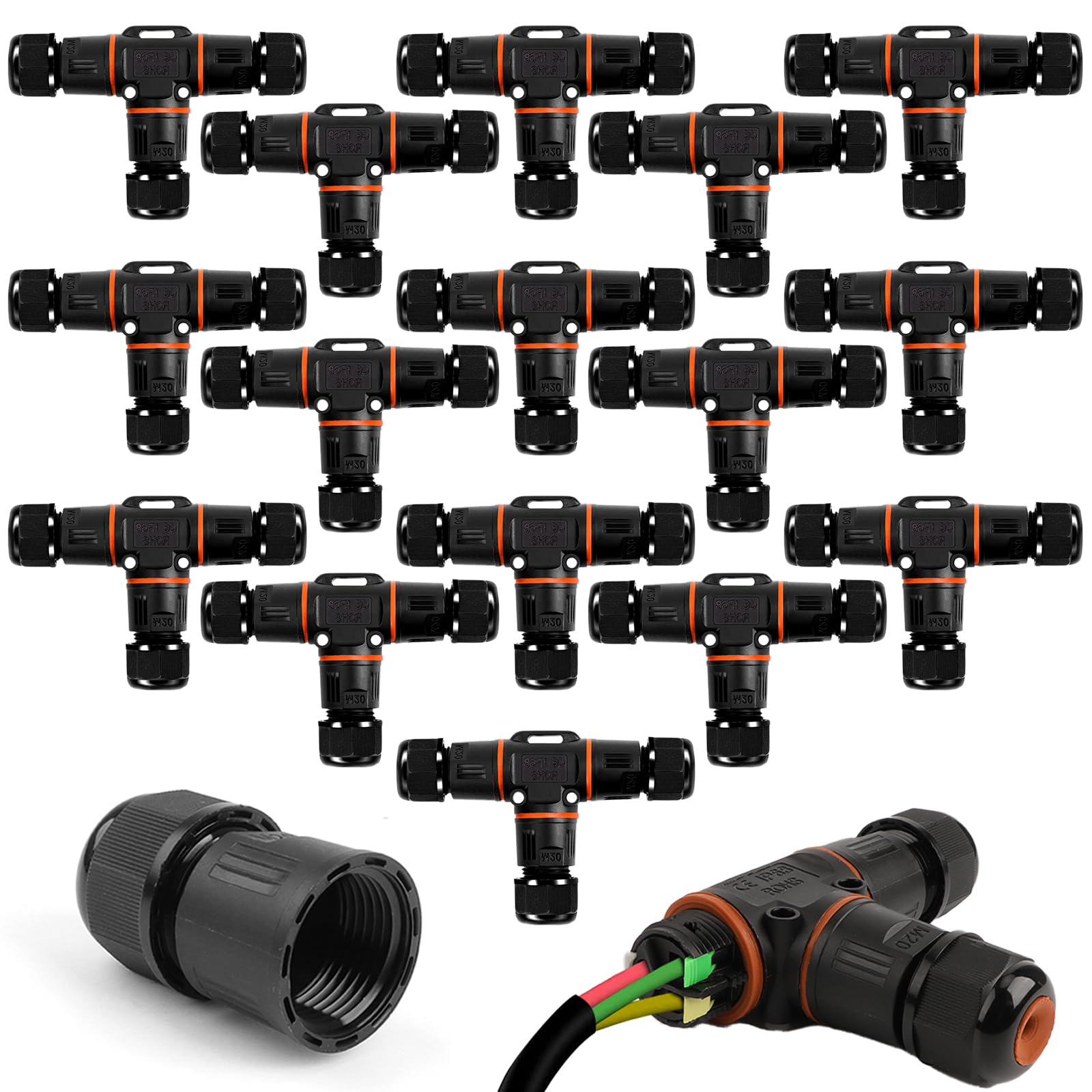 16 Piezas Conector Impermeable IP68, T Forma Caja de Conexión Impermeable IP68 3 Vías Empalme a Prueba Agua ABS Conector de Cable para Exteriores para Cable de Diámetro Ø3mm-12mm