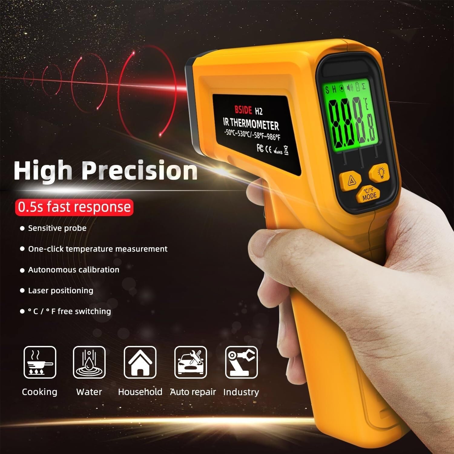 Cyfrowy termometr na podczerwień H2-58℉~986℉(-50℃~530℃) 12:1 Bezkontaktowy pistolet termiczny laserowy z regulowaną emisyjnością do pieczenia w piecu do pizzy w samochodzie