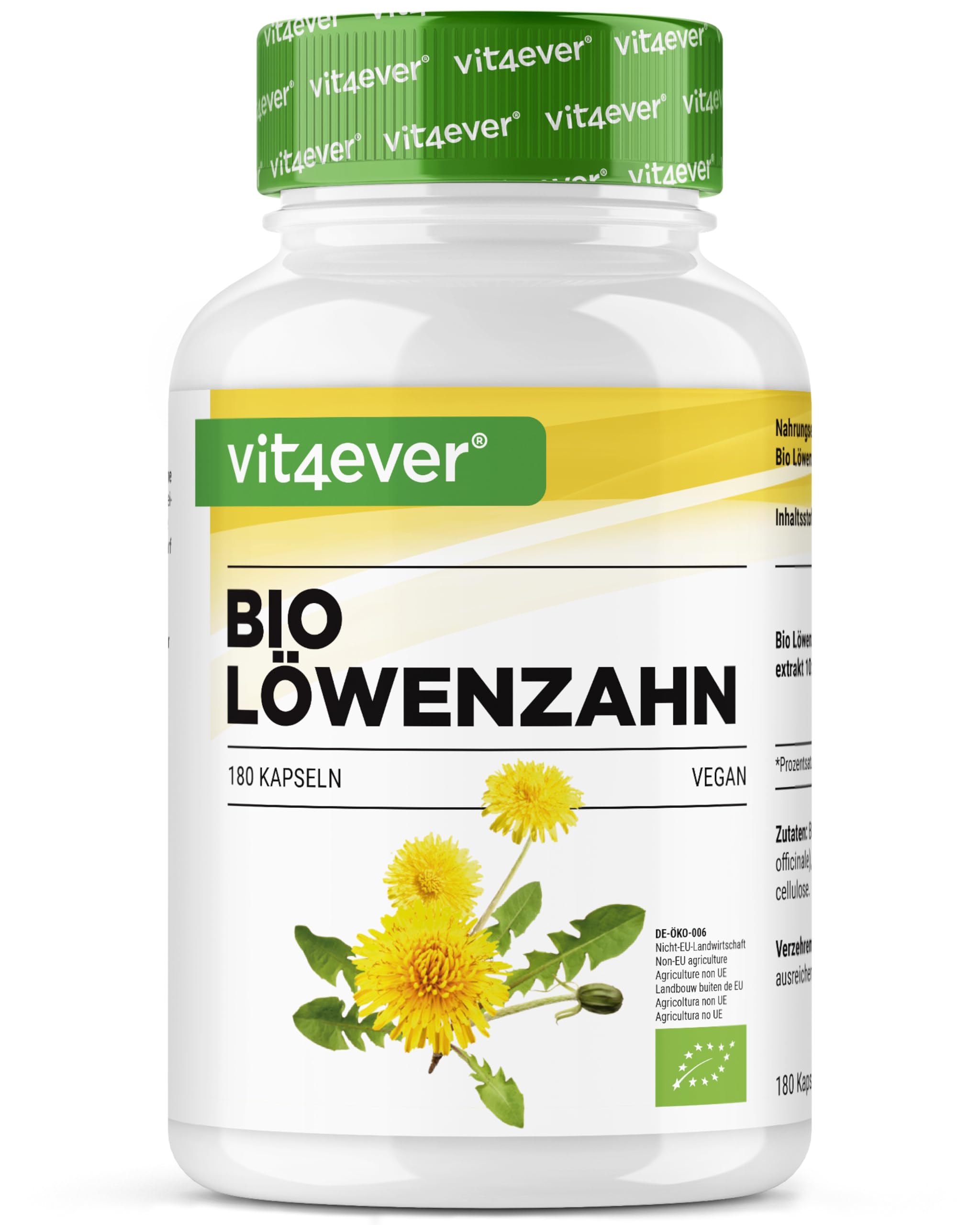 vit4ever Bio Löwenzahn - 180 Kapseln - 1500 mg Löwenzahnwurzelextrakt | Hochdosiertes 10:1 Verhältnis, Echtes Taraxacum officinale Extrakt, ohne unnötige Zusätze, vegan