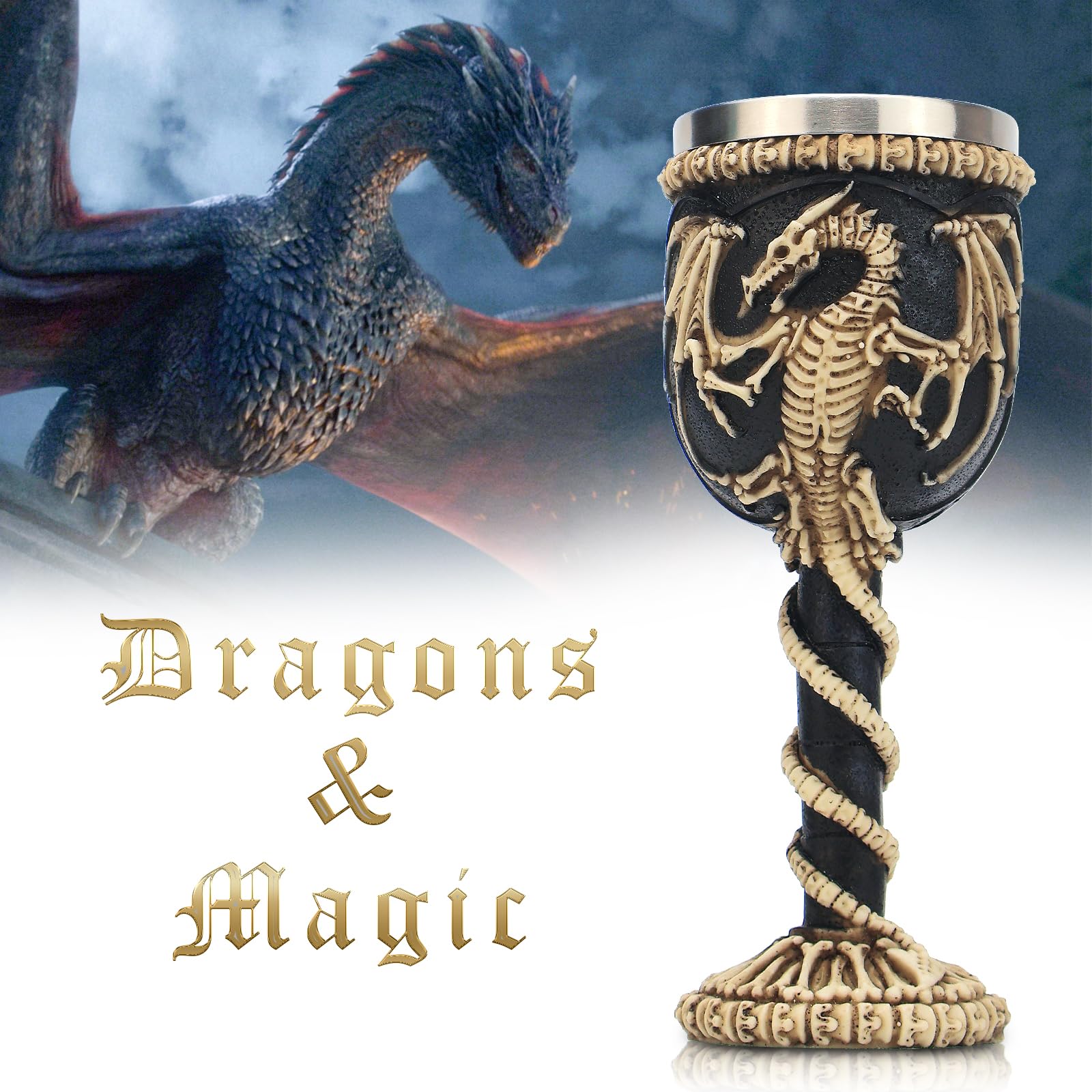 Calice gotico medievale in acciaio inox, dungeons and dragons guerriero vichingo pirata, corpo in resina con inserto in acciaio inox, tazza decorativa, regalo per feste di compleanno, 200 ml (dragone)