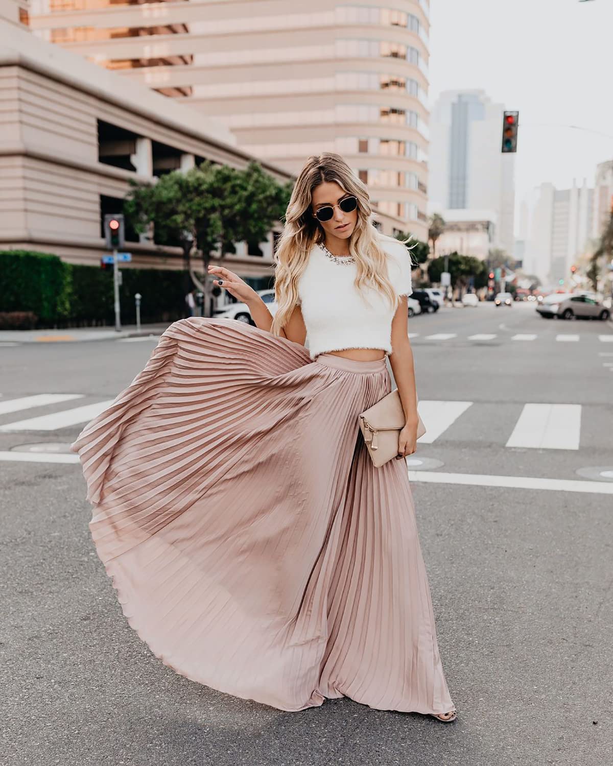 utcoco Elegante Maxi Gonna a Vita Alta Pieghettata Chiffon gonne Lunghe per Le Donne, Rosa, L
