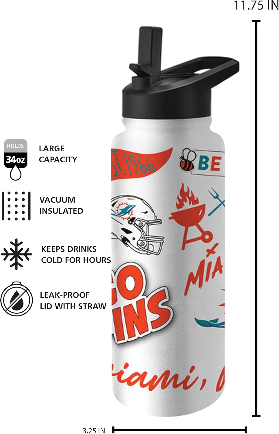FANMATS NFL 34 oz Quencher Tumbler — Stainlees Steel | 34 Fluid Ounces | Native Design | Built-In Straw