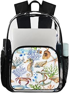 Mochila transparente com estrela do mar e cavalo-marinho e caranguejo para serviço pesado, mochila transparente impermeável com tema oceano mochila transparente de PVC com alça de ombro reforçada para escola, trabalho, viagens, Multicor