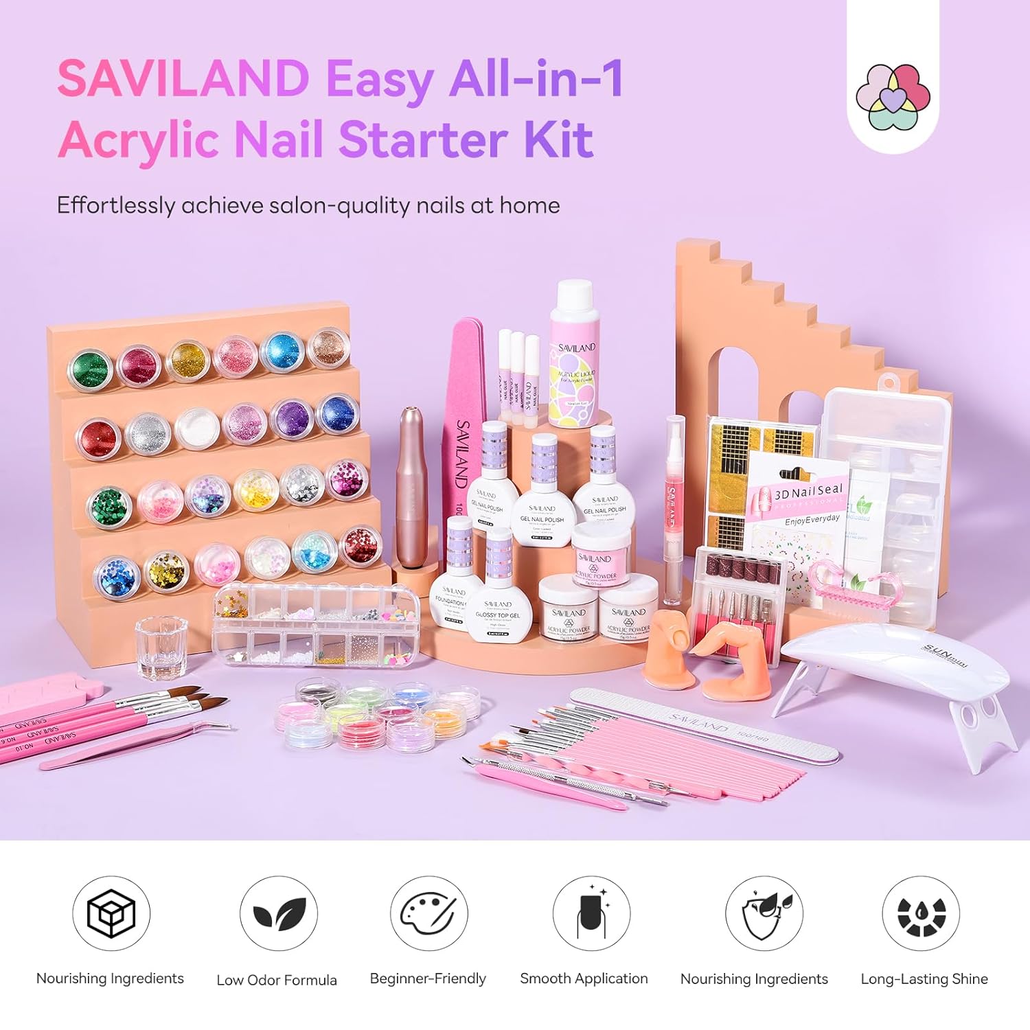 SAVILAND Acrylic Nail Kit: 2026 Hema-free Bio-based All-in-1 Nail Kit with Clear White Pink Acrylic Powder EMA Monomer Nail Drill Full Tools For Beginners Extension Carving Home DIY