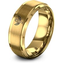 Key Wings Ring - Gift for Ancient Egypt Lover - Men Women - Anniversary Engagement Wedding - Black Yellow Gold Silver - Band - Tungsten Carbide - Flat Dome Bevel - 8mm - Personalized Custom Engraving