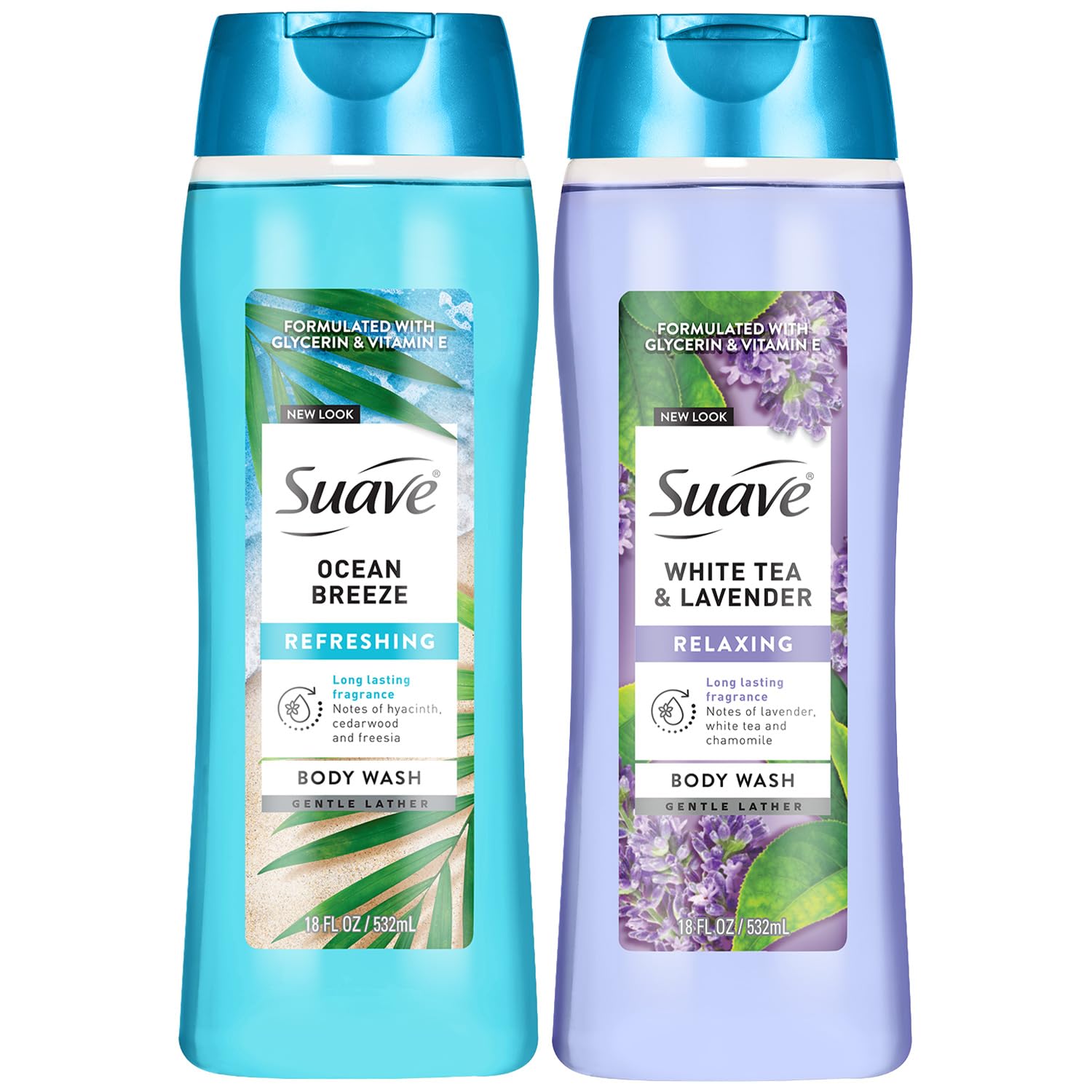 Suave Body Wash Variety 2-Pack, Ocean Breeze + White Tea & Lavender – Gentle Body Washes with Fresh Blend Oil Essence, 18 Oz Ea