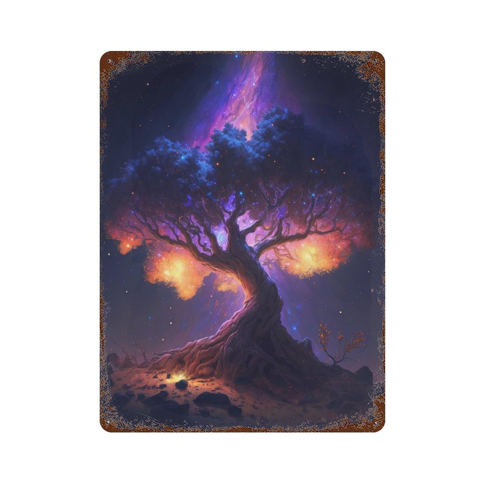 Rustic Tin Plaque Galactic Tree of Life 15.7"x11.8", Vintage Wall Decor for Pub, Kitchen And Man Cave Decor