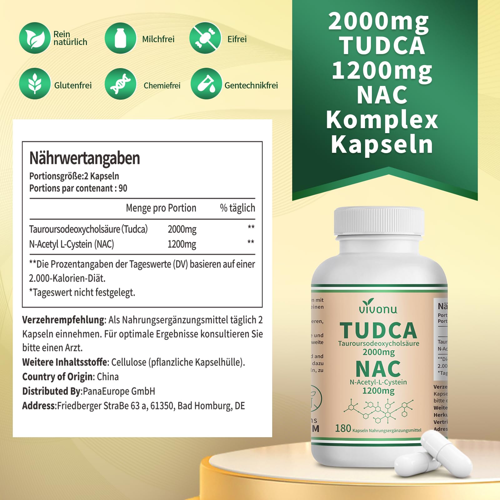 VivoNu TUDCA 2000mg & NAC 1200mg Kapseln Hochdosiert, 180 vegane Kapseln, Zellschutz & Vitalität, Fördert Stoffwechsel & Verdauung,Unterstützt gesunde Zellalterung, Natürliche Antioxidantien