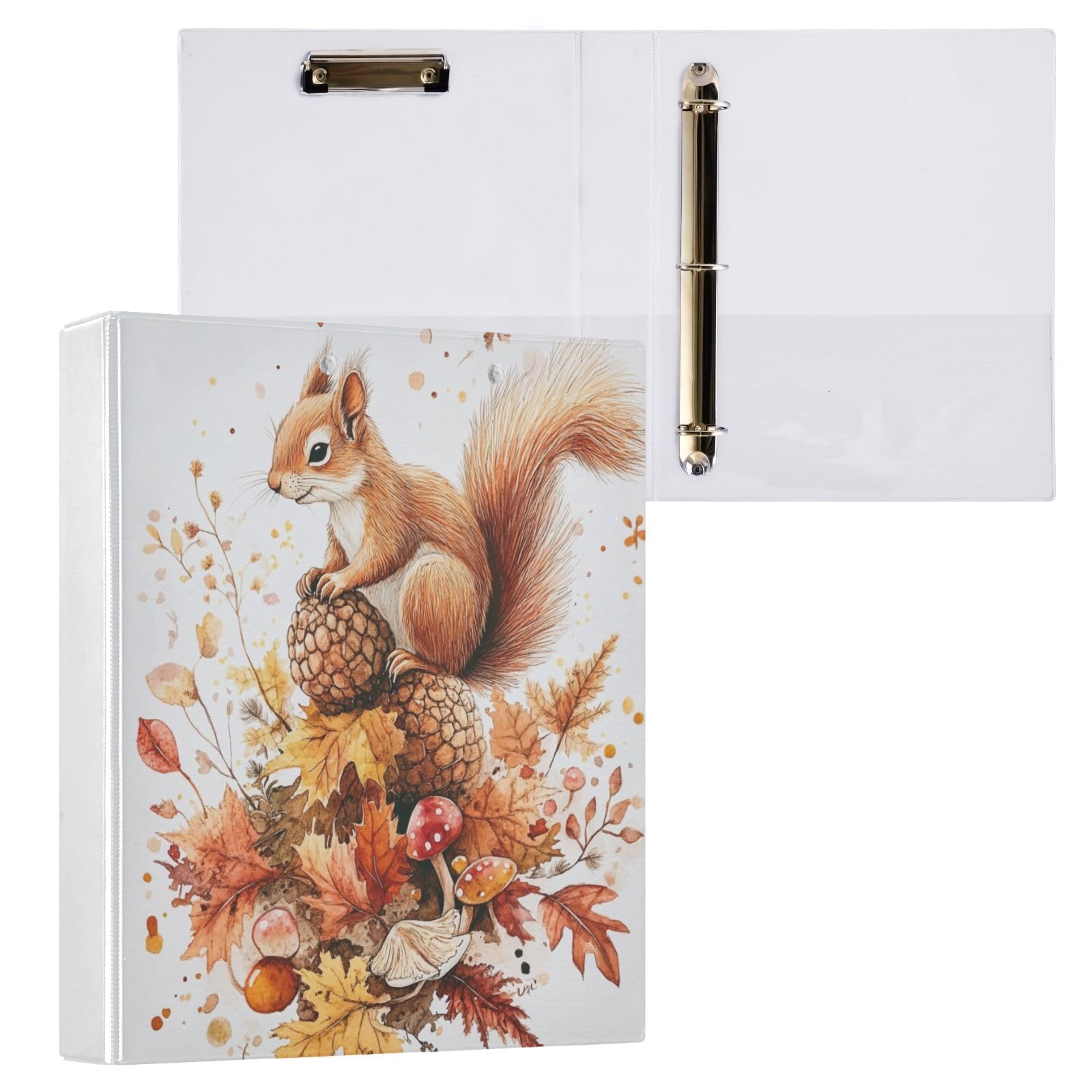 Raccoglitore a 3 anelli con foglie autunnali arancioni e scoiattolo, 3,8 cm, decorativo, con portablocco e 3 tasche trasparenti, contiene 200 fogli di carta formato A4, impermeabile, per scuola, casa