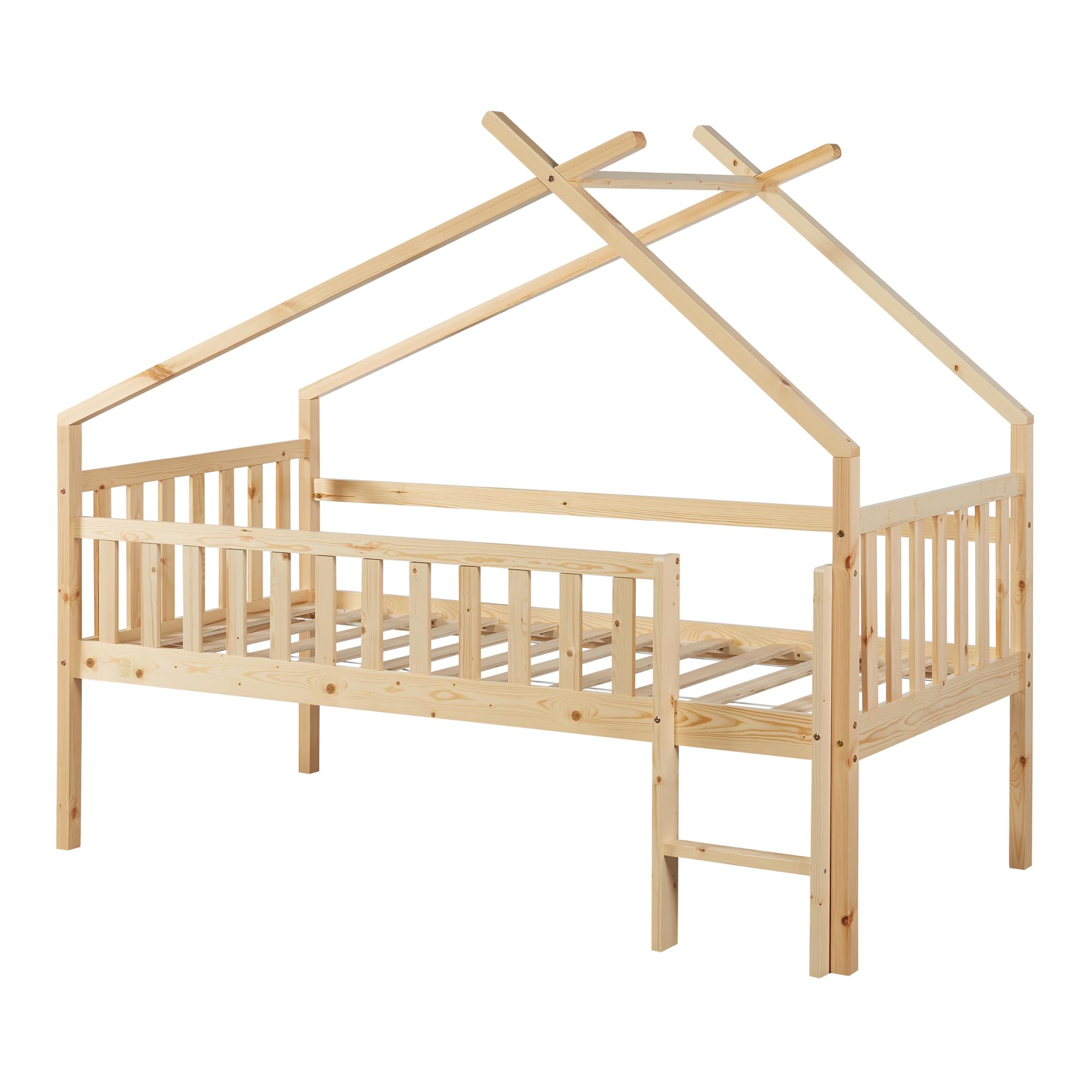 [en.casa] Kinderbett Sotkamo Hausbett 90 x 200 cm Holzbett für Kinder mit Rausfallschutz und Leiter Bettgestell aus Kiefernholz Natur