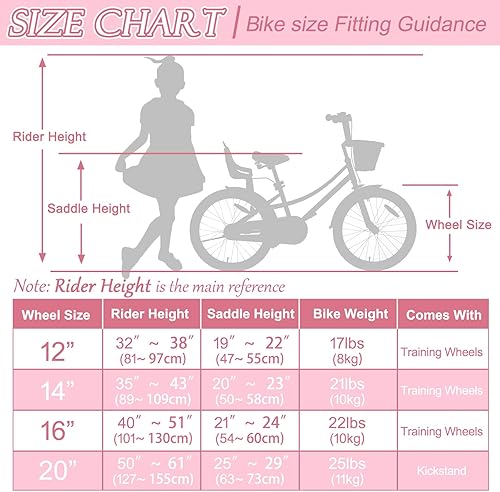 Miniatura 8 de Glaf Bicicleta para niñas pequeñas de 2 a 12 años, 12, 14, 16 y 20 pulgadas, bicicleta para niñas con ruedas de entrenamiento y asiento de muñeca,