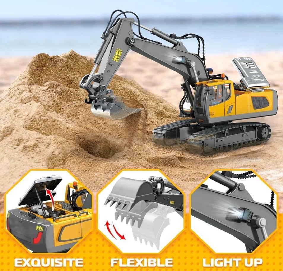 KAHUMBO New Radio Control J-C-B Excavator Toy for 6-12 Yr Boys, Best Birthday Gifts for Kids 7 8 9 10 11 Year Old, Rc Construction Toys with Metal Shovel, Lights, Sounds 2.4Ghz, Multi Color 2