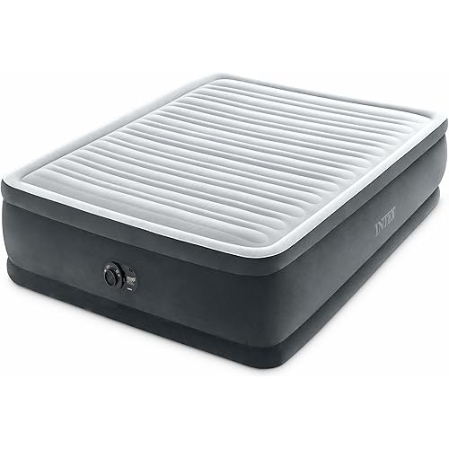 Intex Dura-Beam Deluxe Comfort-Plush Elevated: Fiber-Tech – Queen Size – Built-in Electric Pump – 18in Bed Height – 600lb Weight Capacity