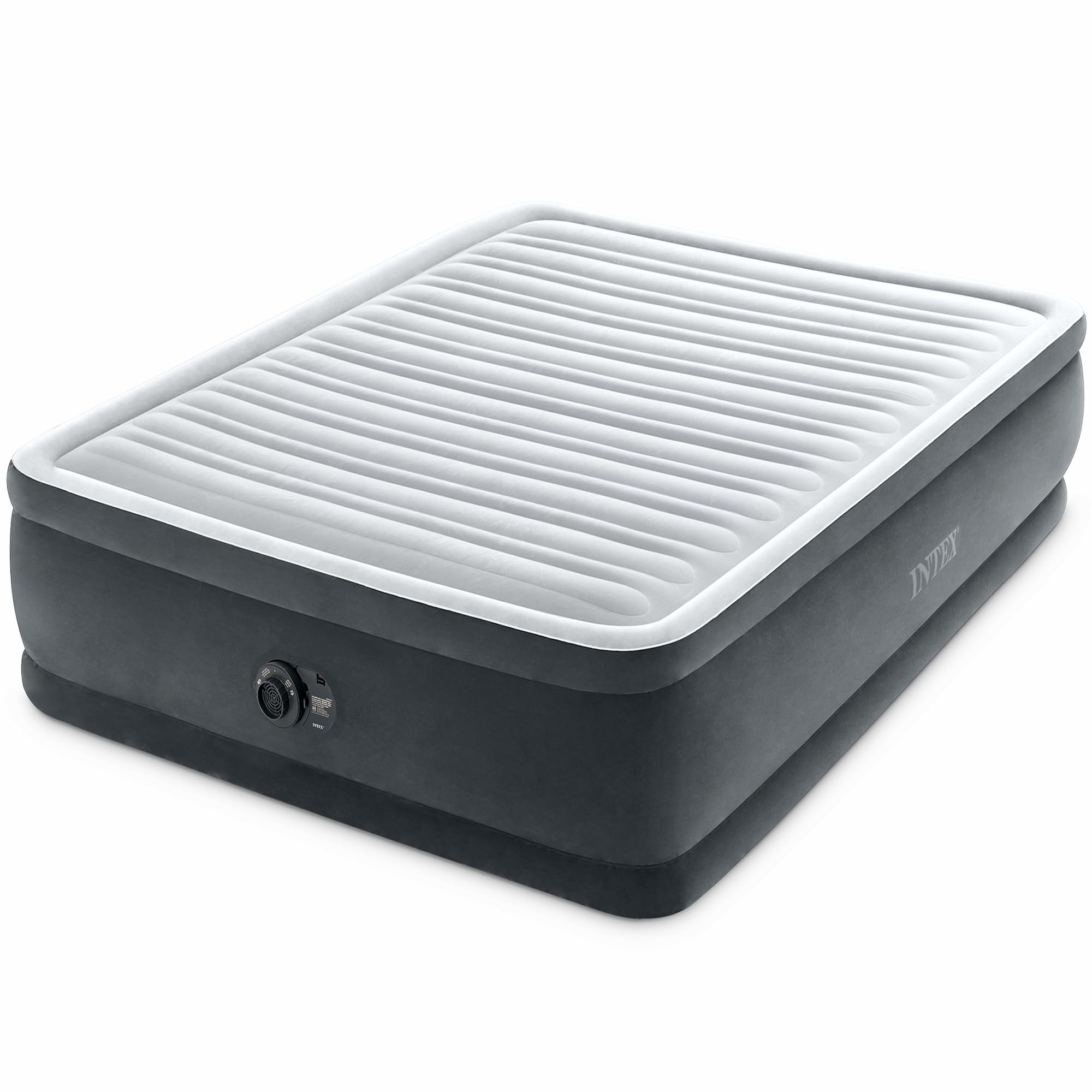 Intex Dura-Beam Deluxe Comfort-Plush Elevated: Fiber-Tech – Queen Size – Built-in Electric Pump – 18in Bed Height – 600lb Weight Capacity