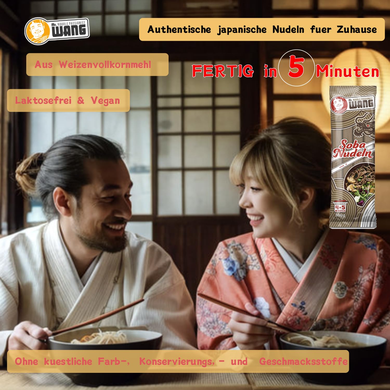 Mr. WANG Pasta de soba, 36 x 300 g, tradicional japonesa de trigo sarraceno, paquete de 36 unidades, perfecto para restaurante, gastro