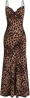 Floerns Women's Leopard Print Spaghetti Strap Cami Long Dress with Draped Collar - Casual Flowy Maxi