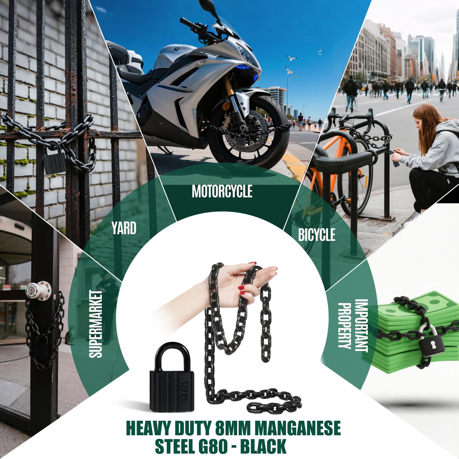 Catena di sicurezza da 100 cm, resistente, 8 mm, in acciaio al manganese, G80, nero, antifurto, anti-taglio, lucchetto per bici, scooter, moto, porta, cancello