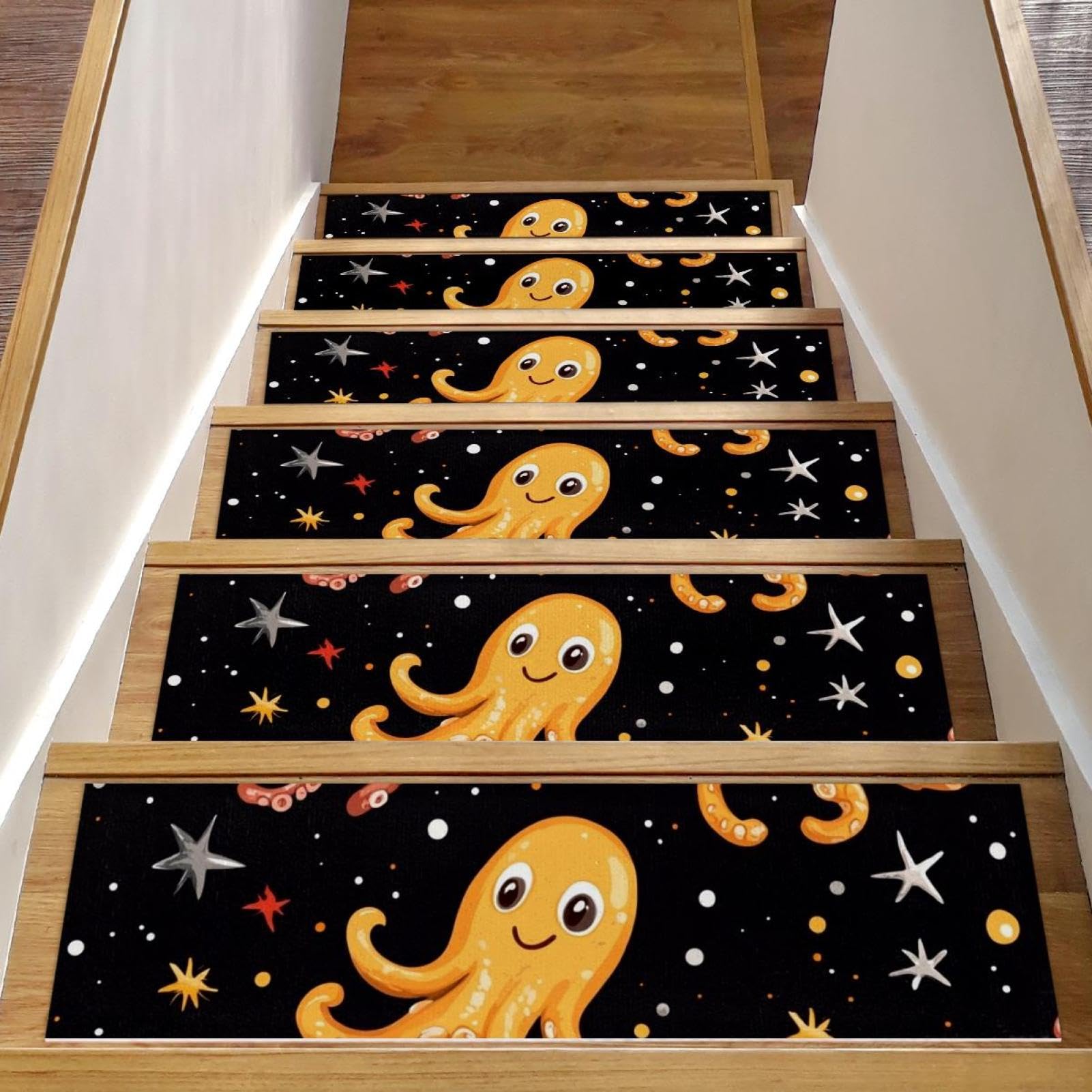 Peldaños de escalera para peldaños de madera con motivos de calamares infantiles lavables