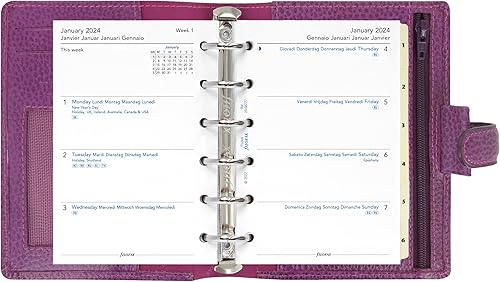 Miniatura 6 de Filofax Finsbury - Organizador de bolsillo, frambuesa, cuero granulado tradicional, seis anillos, calendario semanal para ver, multilingüe, 2024