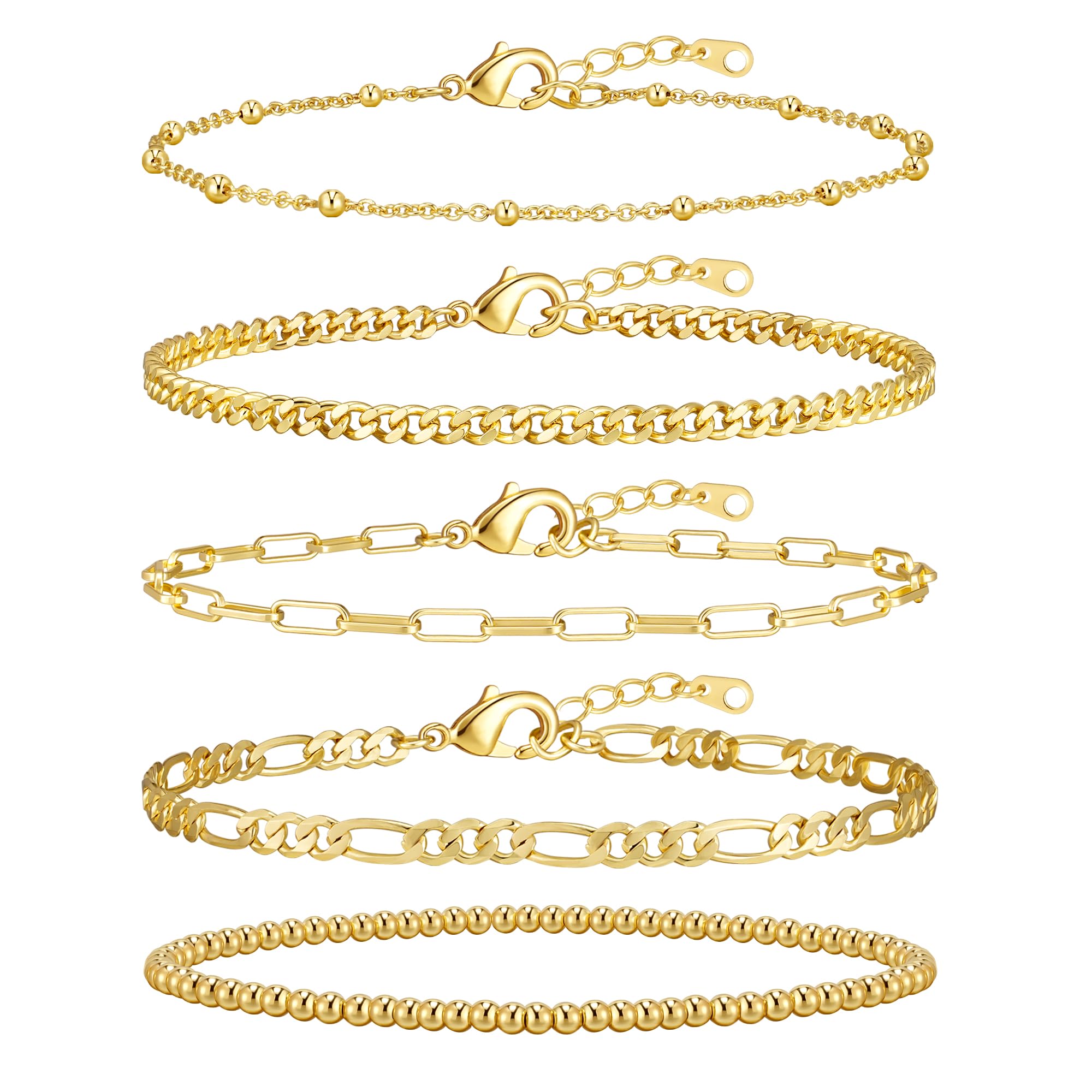 adoyi Gold Bracelets for Women, 14K Gold Plated Stackable Bracelet Stack Set Adjustable Charm Paperclip Chain Cuban Link Layered Waterproof Jewelry Sets Gifts for Womens 6.5 Inch