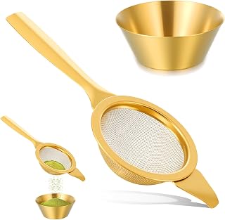 Colador de matcha dorado de 2.2 pulgadas, tamiz de matcha de malla fina 30 con mango y base, colador de té de acero inoxidable de malla fina, coladores de matchas de metal pequeños para té, café