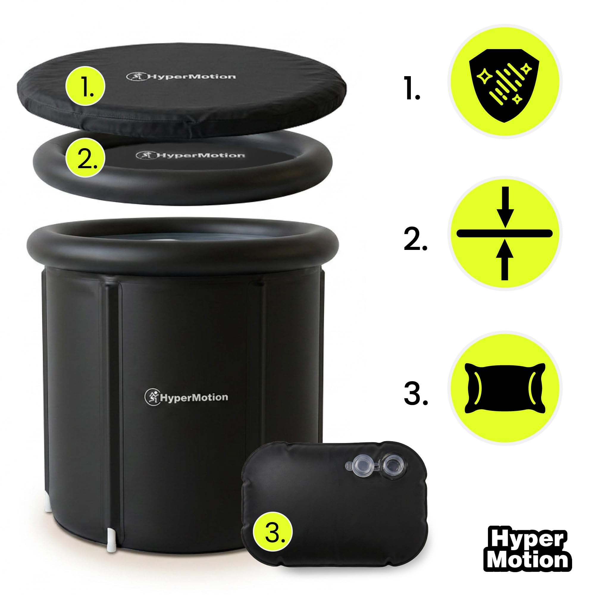 HyperMotion Bañera Morsada 330 L Plegable Cold Plunge Negra | Cuchara de hielo portátil con tapa aislante térmica, bomba, bolsa de transporte, desagüe y cojín de asiento