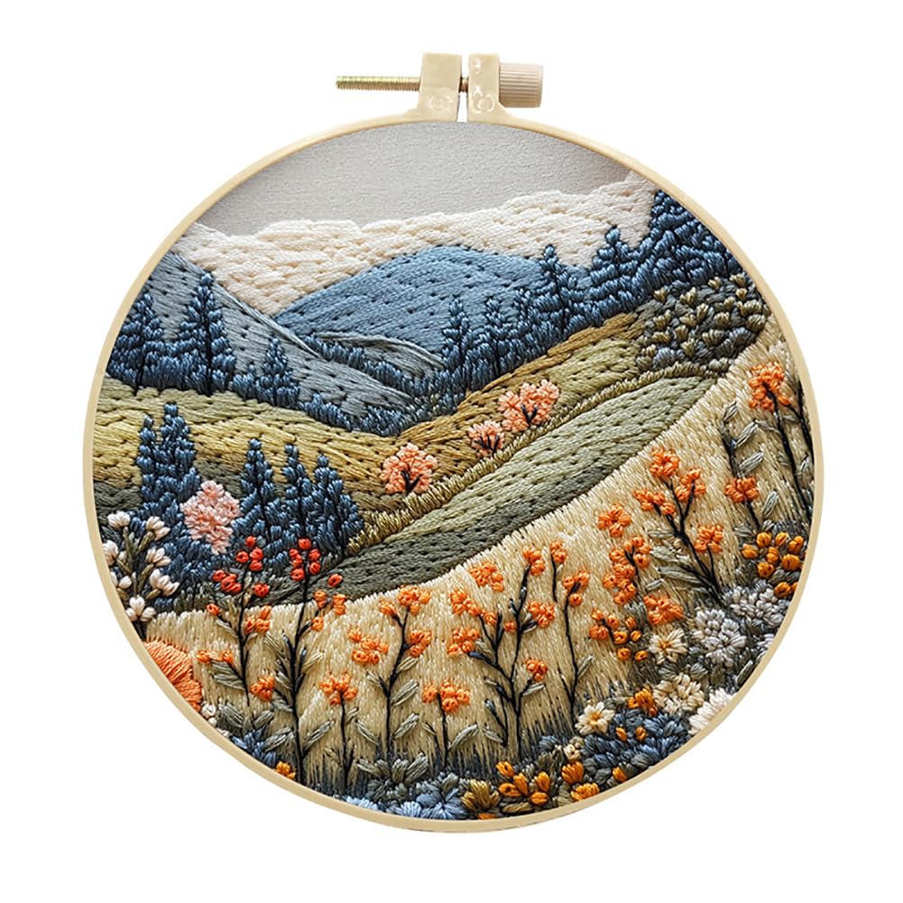 Eforcase Embroidery Starter Kit for Adult Beginner with Landscape Tree Mountain River Floral Nature Scenery Pattern Cross Stitch Hand Embroidery Set DIY Cross Stitch Kits with Hoops Needles Threads