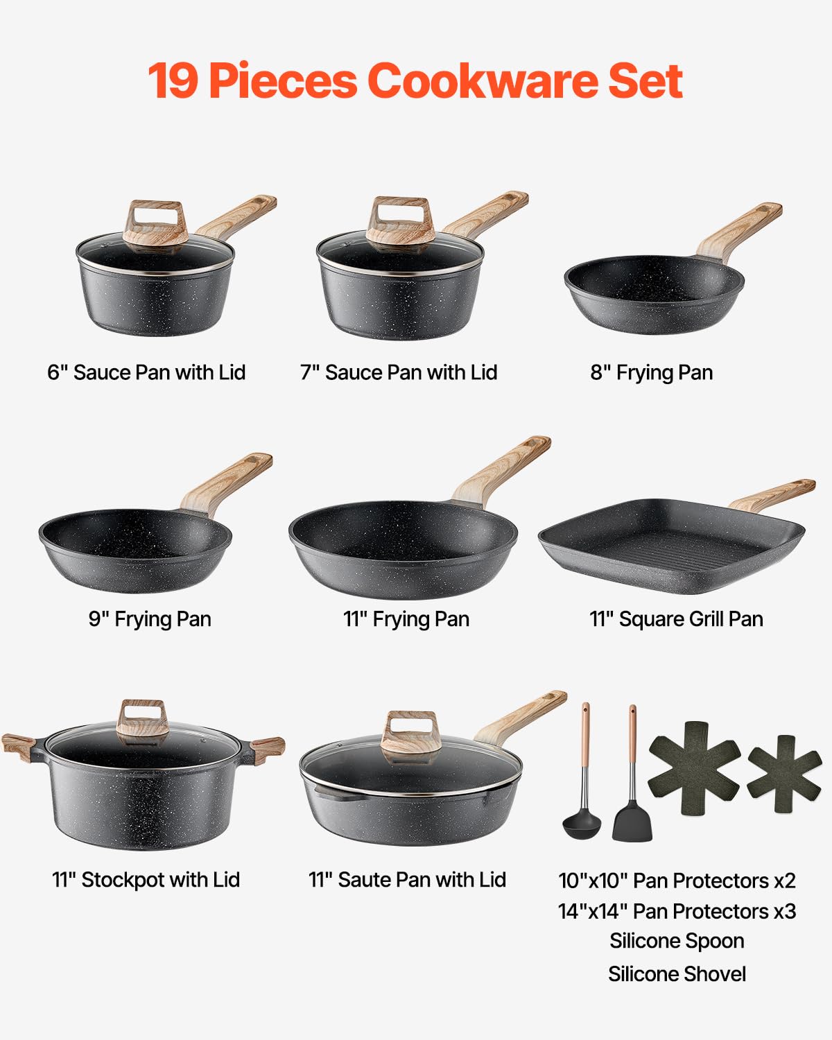 VEVOR Set di Pentole, Padelle Antiaderenti in Granito con Manico, Set di Pentole a Induzione da Cucina per Camper, con Frittura, Coperchi in Vetro Temperato, Nero 19 Pezzi