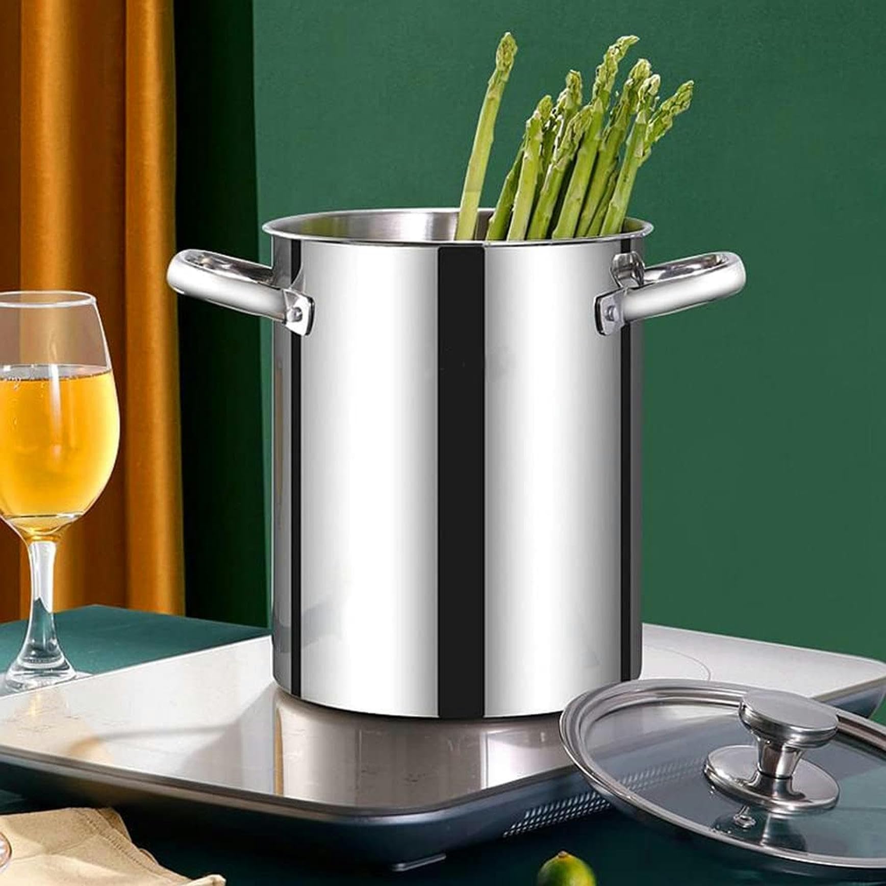 4 Liter Spargeltopf, Dünsttopf für Spargel und Gemüse aus Edelstahl 304, Spaghettitopf, Pastatopf, Küche mit Drahtkorb und Glasdeckel, Tiefe Pfanne mit Öl