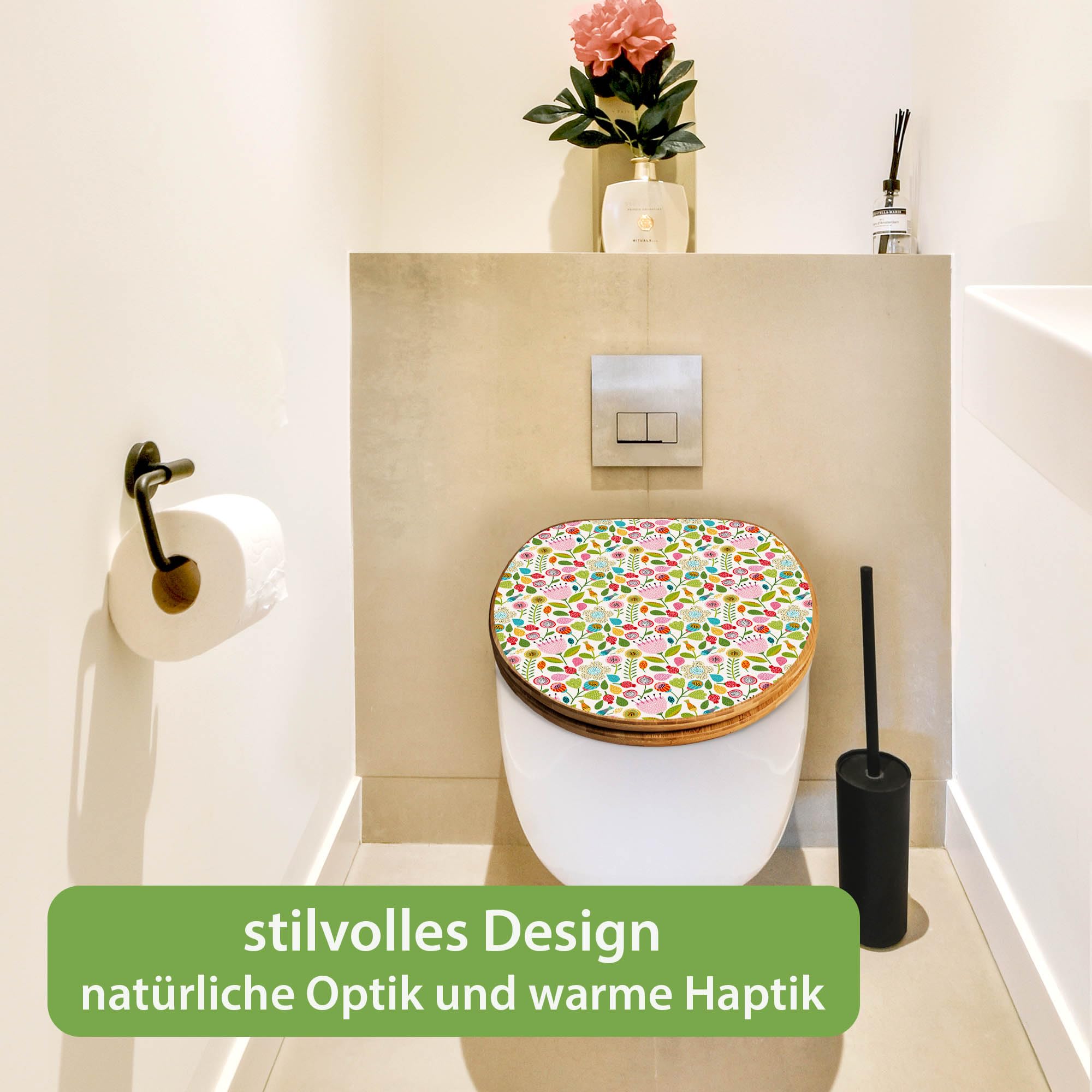 banjado Design WC Sitz Bambus Absenkautomatik 45,8x37,5cm - Toilettendeckel mit Absenkautomatik Holz - hochwertiger Bambus Klodeckel - WC-Sitz für gängigen Toiletten - Motiv Rosa Kelch Hell