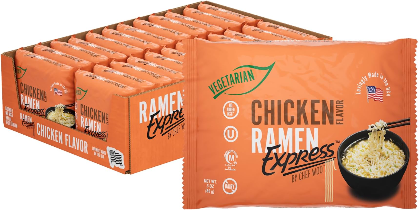 RAMEN EXPRESS Chicken Flavor Ramen Noodle Packs, 3 Oz Each (Pack Of 24) | Animal-free Ramen Noodles | All Plant-based | Made in U.S. with finest American flour