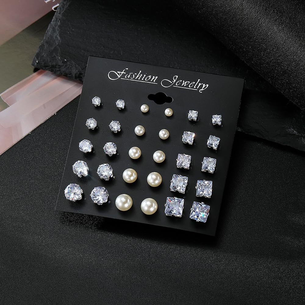 Juego de aretes tipo dormilona de plata para mujer, forma de lágrima triangular, cuadrados, redondos, con forma de lágrima, circonitas cúbicas transparentes, paquete de aretes de joyería de 4