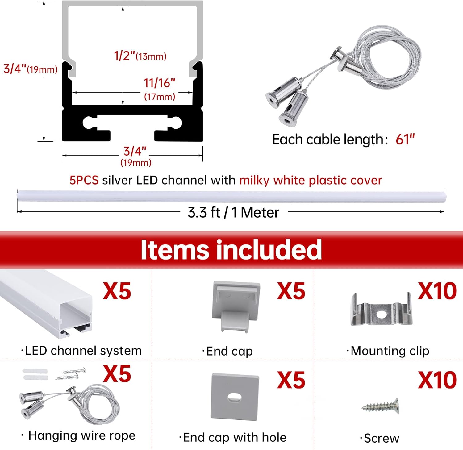 Muzata 16.4FT 3535 LED Strip Lights DC12V Addressable Color Changing High Intensity 96LEDs/m Light Strip AC1L and 5Pack 3.3ft/1M LED Strip Channel with Hanging Wire, Diffuser Cover, U116