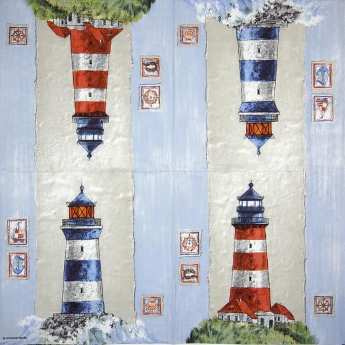 Set of 2 Individual Decoupage Paper Party Napkin Lighthouse Coast Ocean Watercolor Decor Luncheon Napkins for a Birthday Holiday, Wedding, Cocktail Party