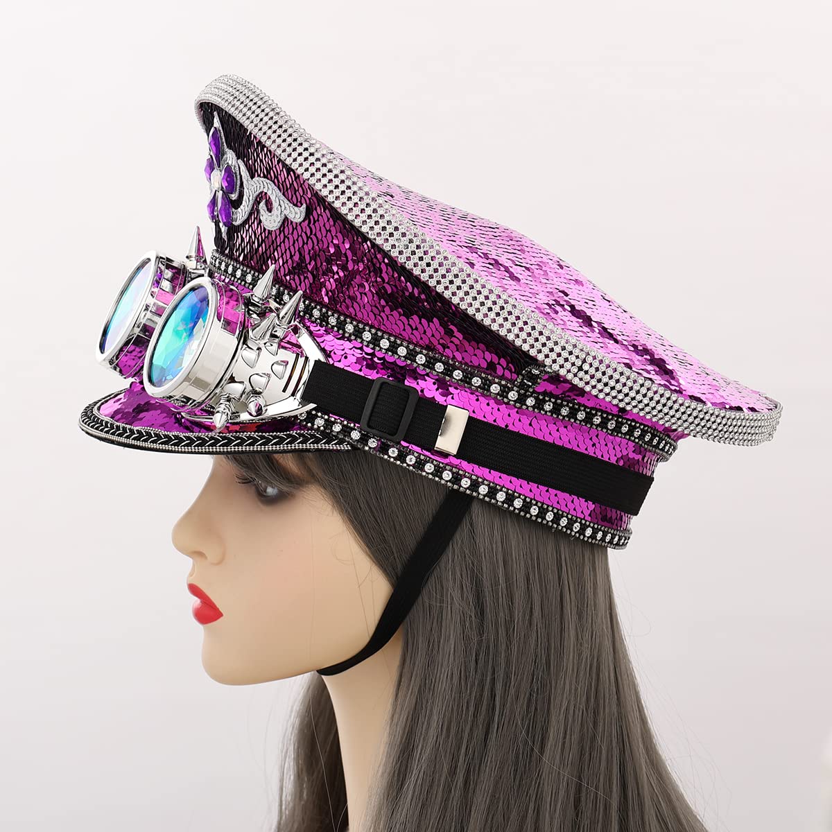 BPURB Unisex Sequin Military Captain Hats with Goggles Steampunk Burning Man Top Hat Festival Halloween Cosplay Costume Caps (Purple) - Image 4