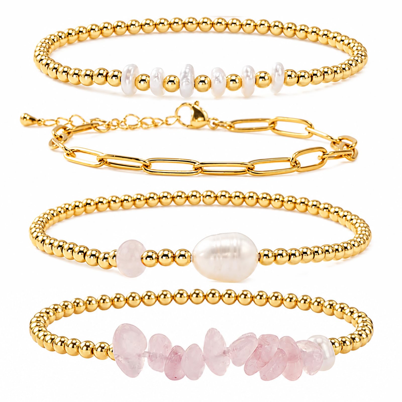 EQUBIO Gold Bracelets for Women Non Tarnish Waterproof | Dainty stackable beaded designs with mixed bead sizes and decorative accents for everyday