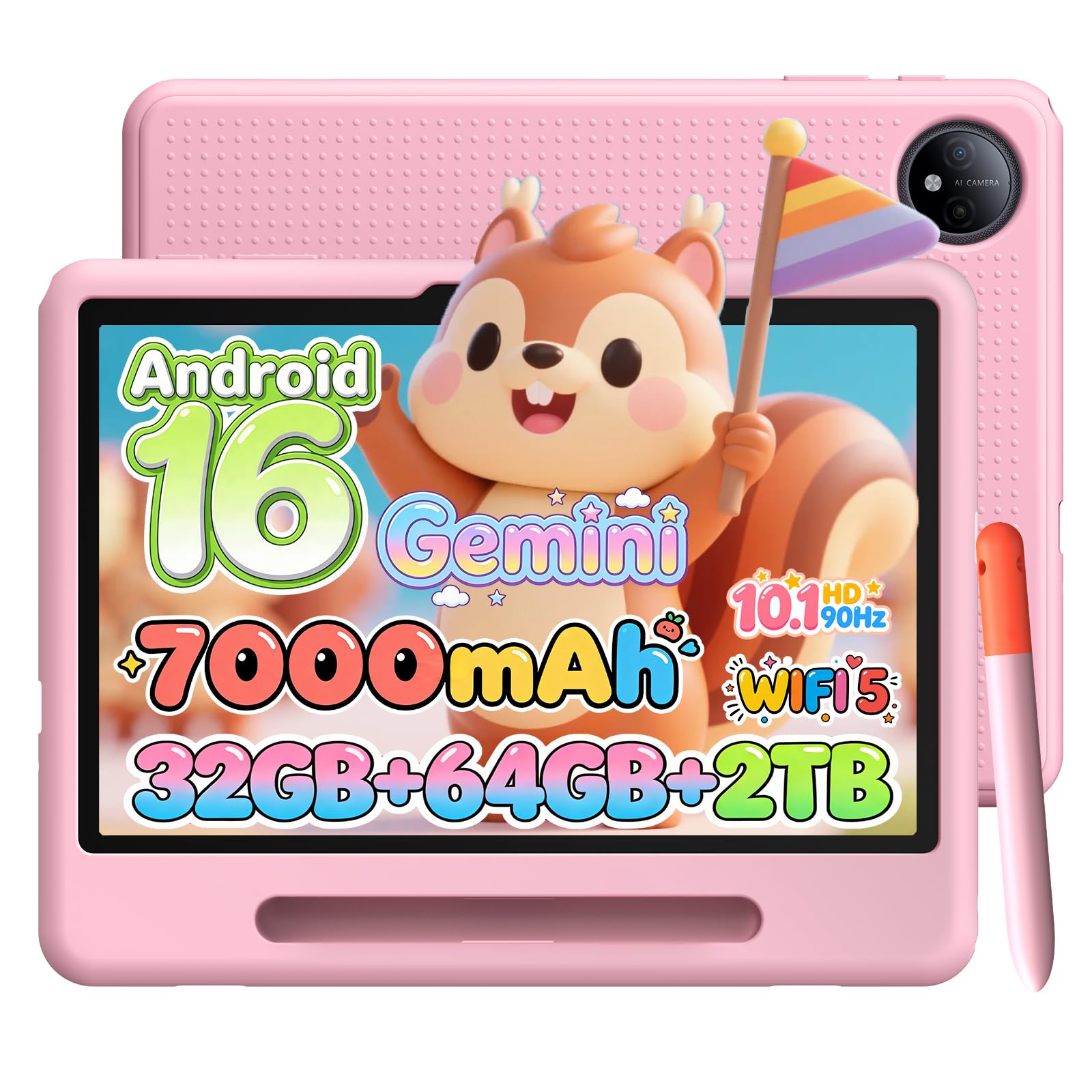 P10 Kids Tablet for ages 3-7, Android 16 Tablet, Gemini AI, 10 Inch Tablet, 90Hz, 32GB RAM+64GB ROM, 7000mAH, 5G WiFi, Face ID, kids tablet with case,Includes a child protective case and pen, Pink