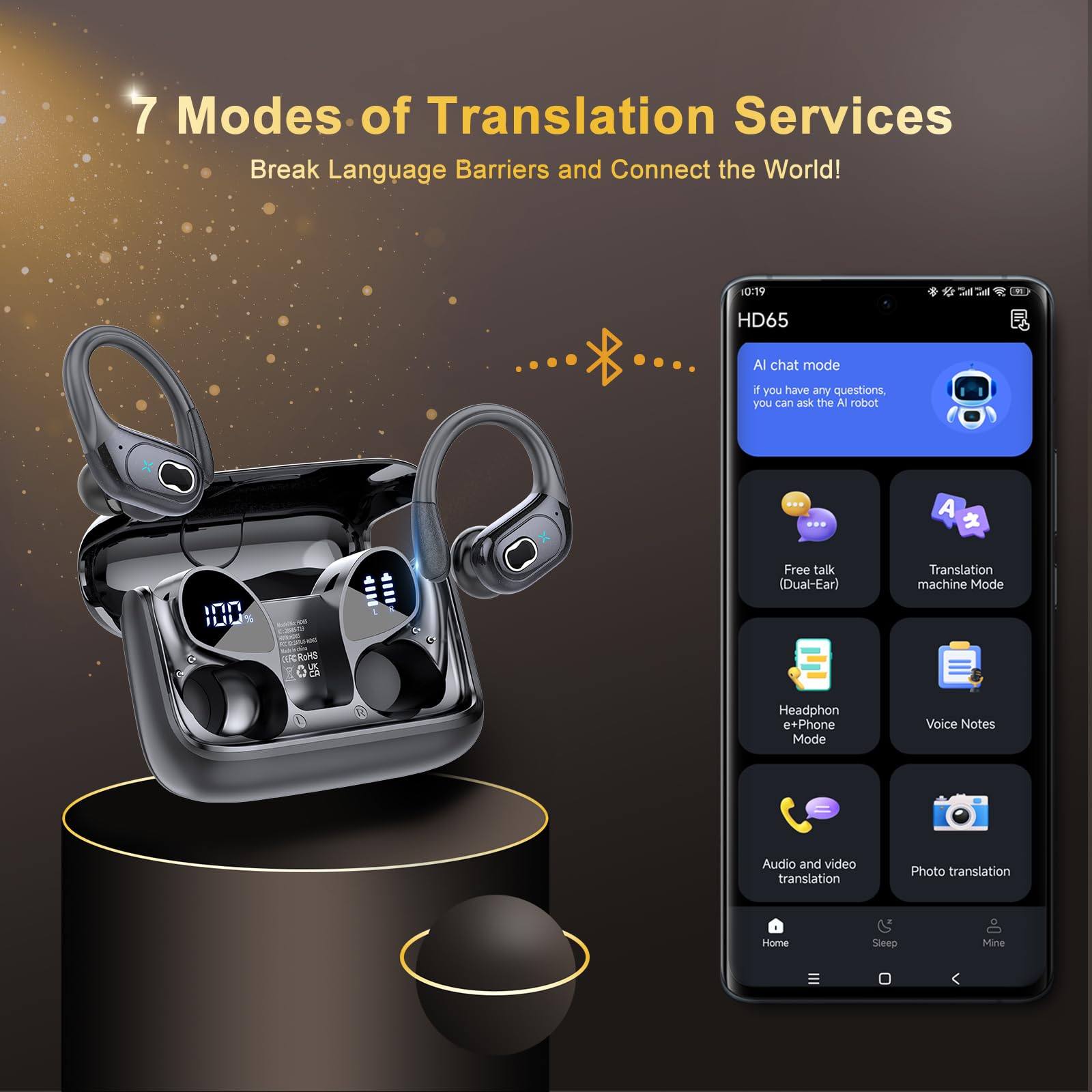 Écouteurs Traducteur Instantané AI - 164 Langues, Bluetooth 5.4, 58h Autonomie, Conduction Osseuse Open Ear - Pour Voyage, Business, Études