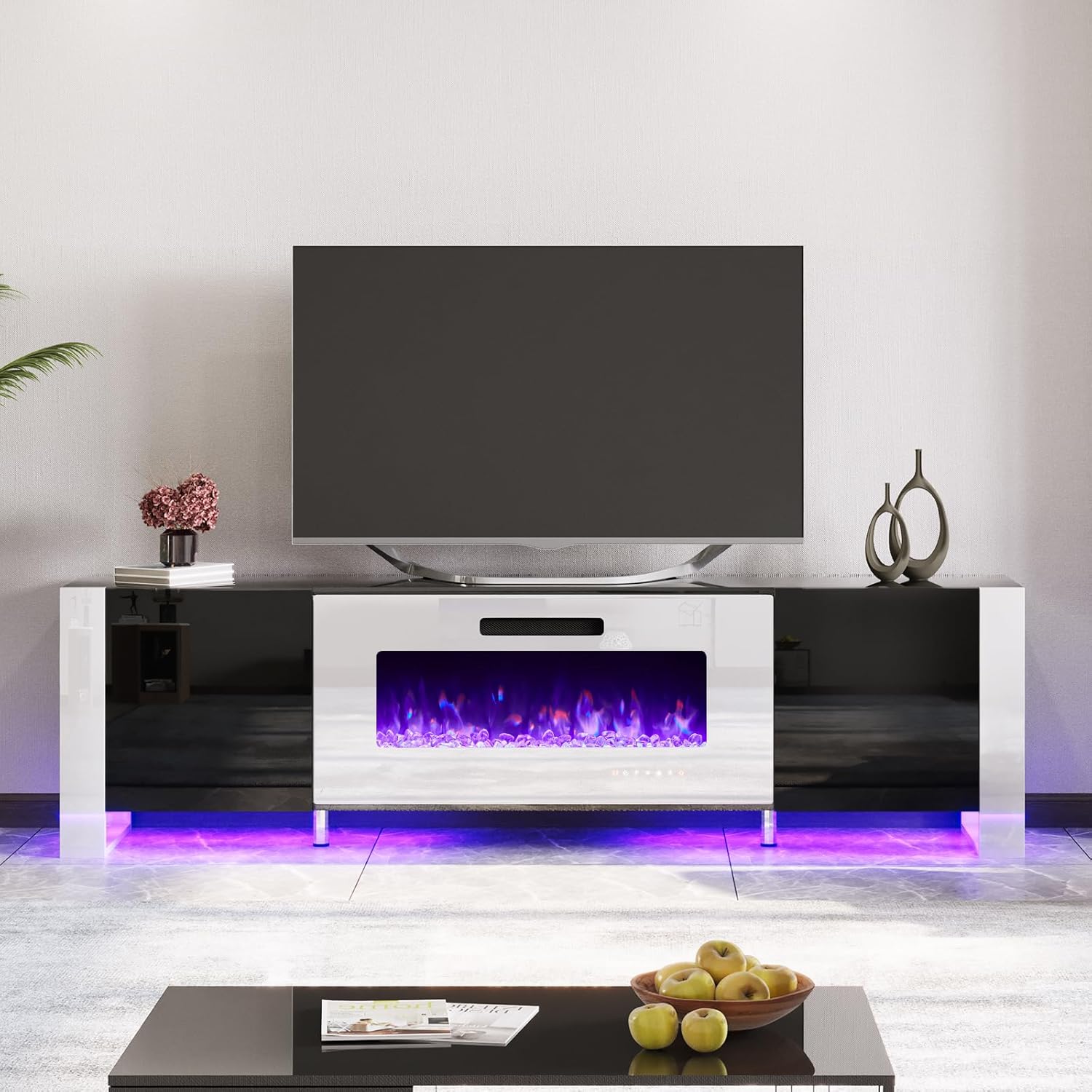 AMERLIFE Fireplace TV Stand with 36" Fireplace, 70" Modern Entertainment Center with High Gloss Doors & LED Lights, U-Shaped Legs TV Console Cabinet for TVs Up to 80", Black TV Stand White Fireplace