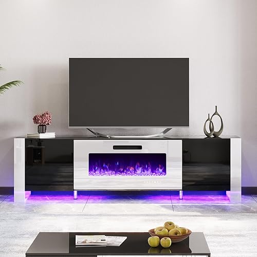 Miniatura 2 de AMERLIFE Soporte de TV con Chimenea de 36", Centro de Entretenimiento Moderno de 70" con Puertas de Alto Brillo y Luces LED, Consola de TV con Patas