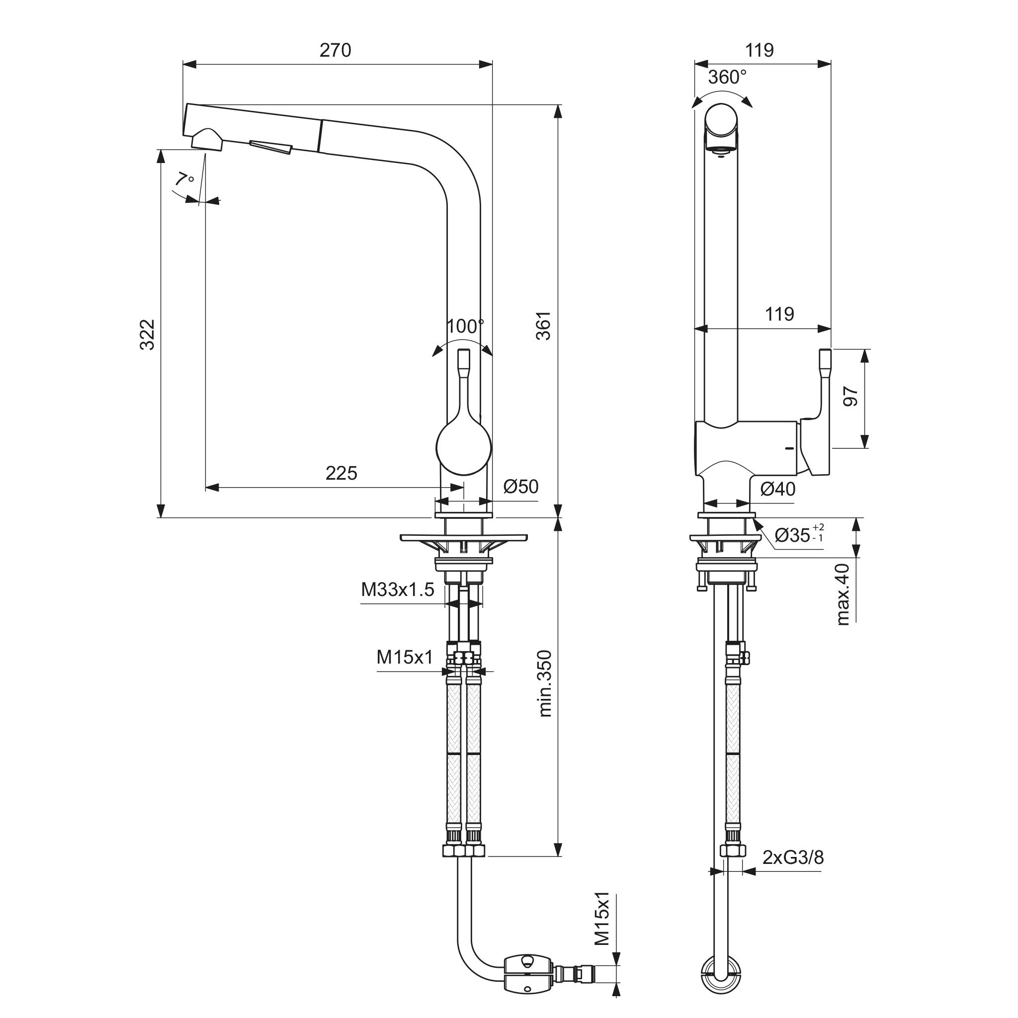 Ideal Standard Ceralook Küchenarmatur, hoher Auslauf mit 2-Funktionshandbrause – Chrom