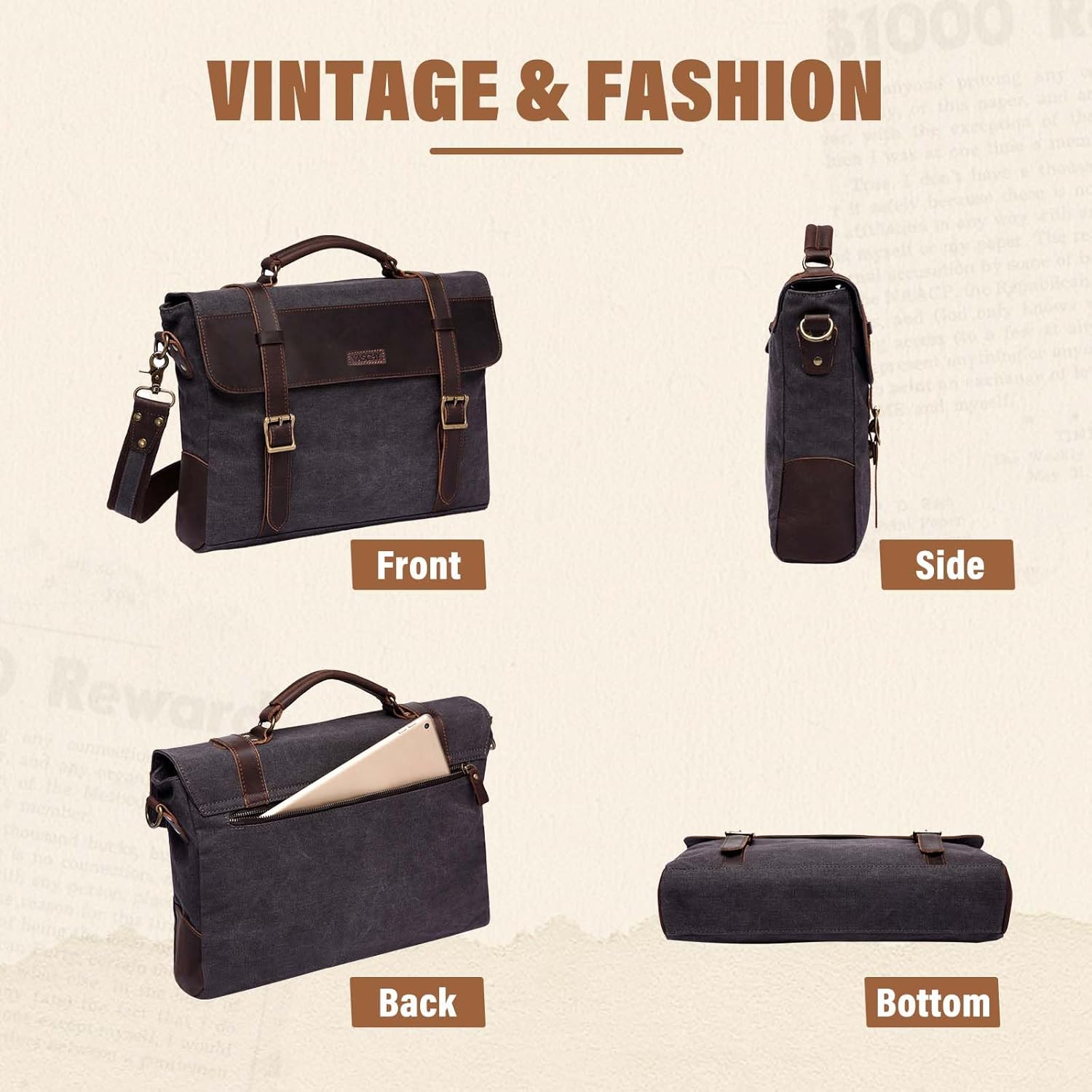 Messenger Bag for Men,Vintage Canvas Leather Canvas Laptop Satchel Shoulder Bag Business Briefcase - Image 7