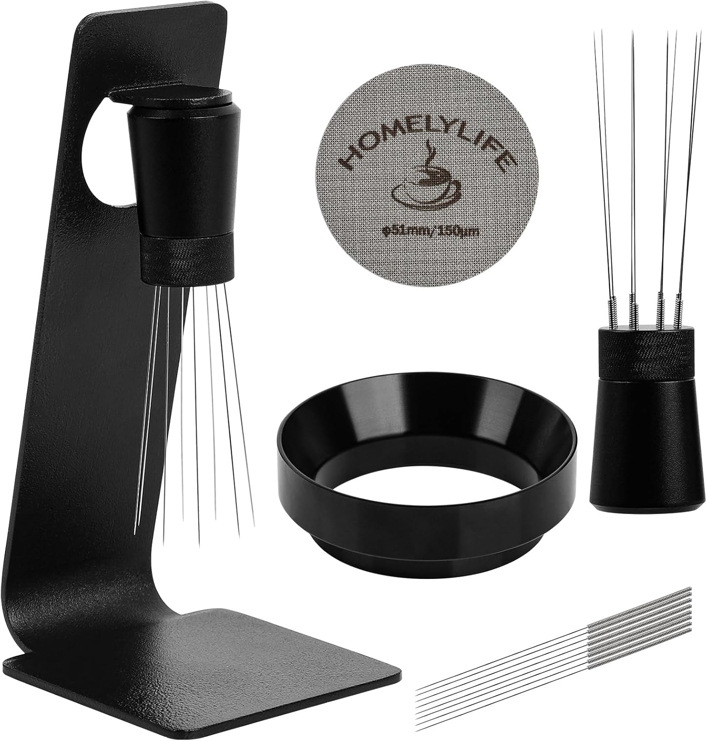WDT Tools Espresso Puck Screen, 51mm Espresso Accessories Kit – Dosing Funnel and Puck Screen Set, 0.35mm 316 Stainless Steel 8 Needles Coffee Distribution Stirrer, Portafilter Dosing Ring for Barista