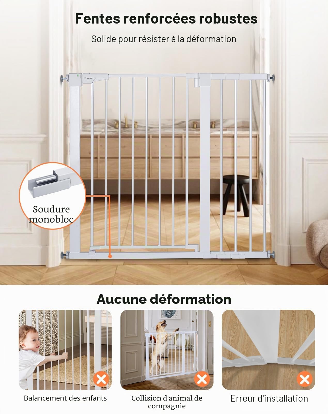 COMOMY Barriere de Securite Enfant Super Haute, 75-110cm Barriere Chien Escalier, sans Percage, Extensible, Fermeture Automatique, Monté sous Pression (Blanc) | Barrière de sécurité robuste à fermeture automatique pour chien, montée par pression, facile à