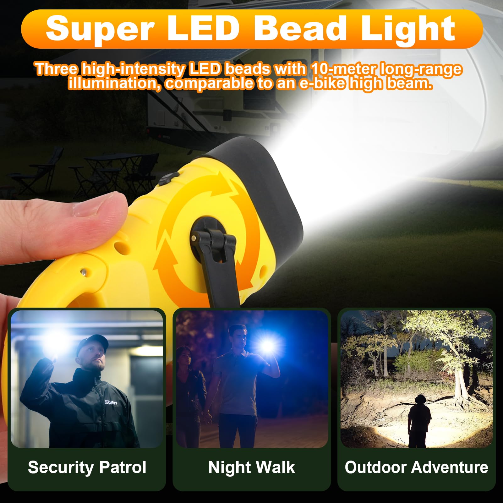 Yuio Wind Up Torch, Solar Powered Torch, LED Portable Flashlight Hand Crank with Carabiner Hook - Image 2